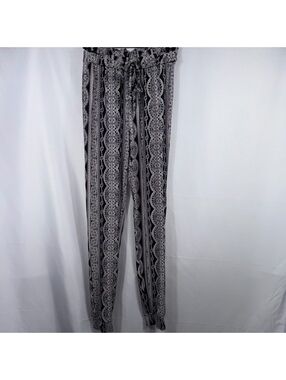 Mudd Women’s Black & White Boho Paperbag Waist Tie Pants XS Printed Pull-On